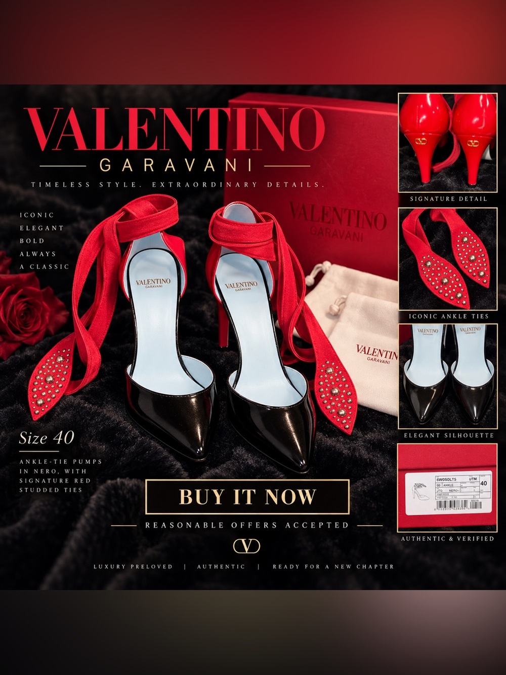 Valentino Garavani Studded Ankle Tie Pumps Black Red Size 40